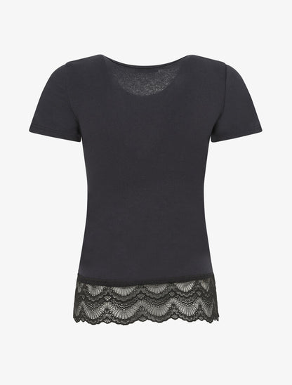 T-shirt uni et dentelle - Bleu nuit - 2