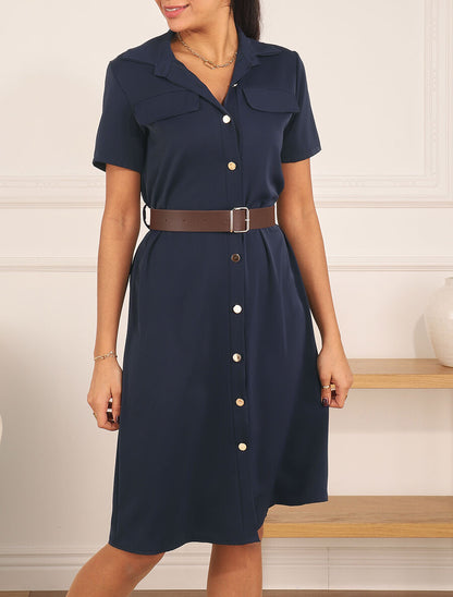 Robe chemise droite unie - Marine - 4