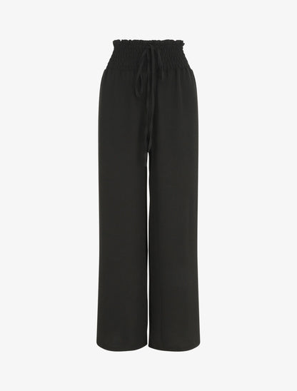 Pantalon uni ample taille haute élastiquée - Noir - 1