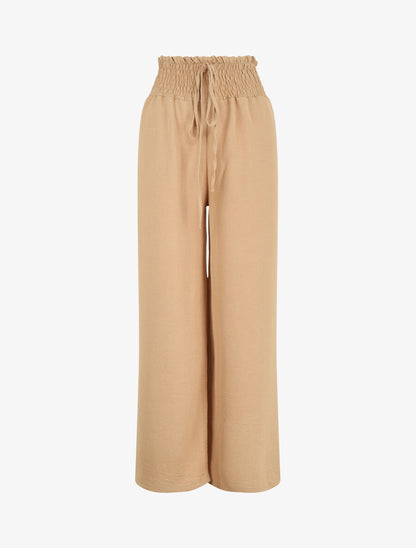 Pantalon uni ample taille haute élastiquée - Beige - 5