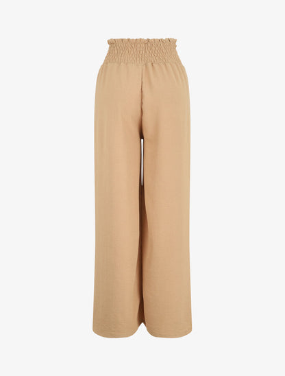 Pantalon uni ample taille haute élastiquée - Beige - 2