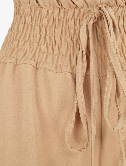 Pantalon uni ample taille haute élastiquée - Beige - 3
