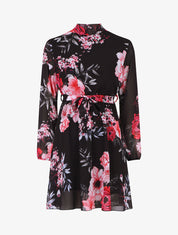 Robe imprimé floral manches longues col montant - Noir - 1