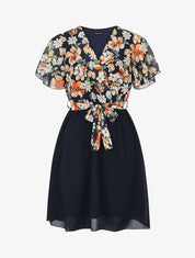 Robe courte imprimé floral col cache-coeur - Marine - 4