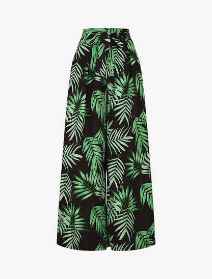 Pantalon ample taille haute imprimé tropical - Noir - 1