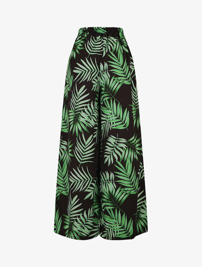 Pantalon ample taille haute imprimé tropical - Noir - 2