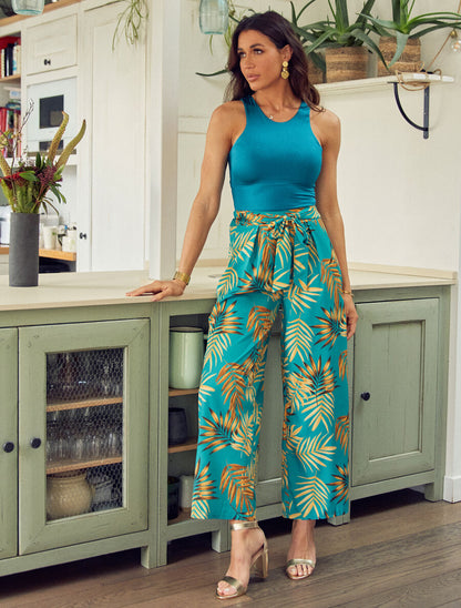 Pantalon ample taille haute imprimé tropical - Turquoise - 4