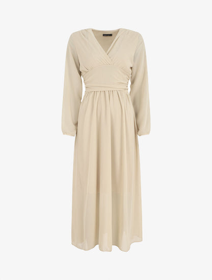 Robe longue élastiquée à col cache-coeur - Beige - 5