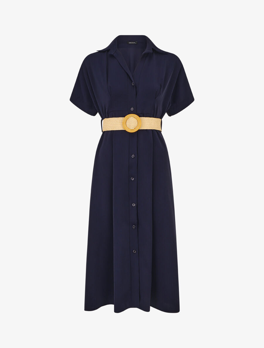 Robe chemise longue unie manches courtes - Marine - 1