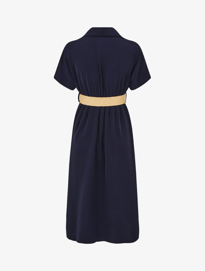 Robe chemise longue unie manches courtes - Marine - 2