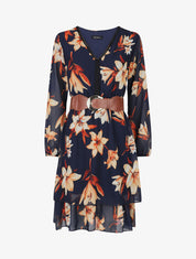 Robe élastiquée à imprimé fleurs - Marine - 1