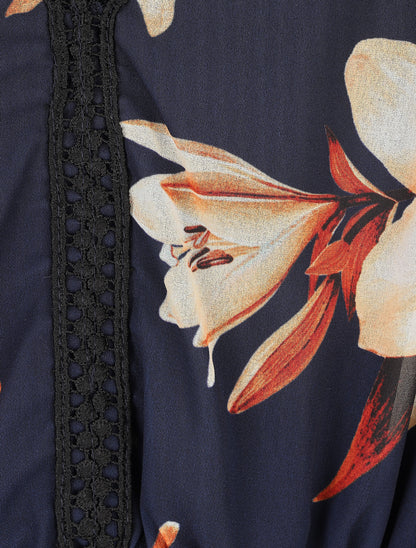 Robe élastiquée à imprimé fleurs - Marine - 3