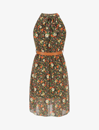 Robe sans manches évasée imprimé petites fleurs - Kaki - 2
