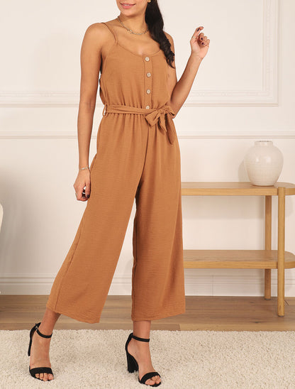 Combinaison unie fluide à taille élastiquée - Camel - 4