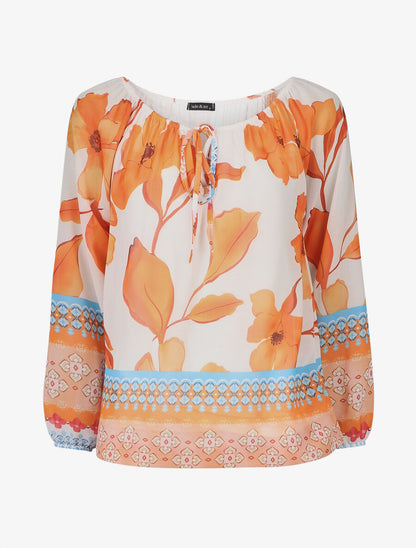 Blouse manches longues imprimé grandes fleurs - Blanc/orange - 1