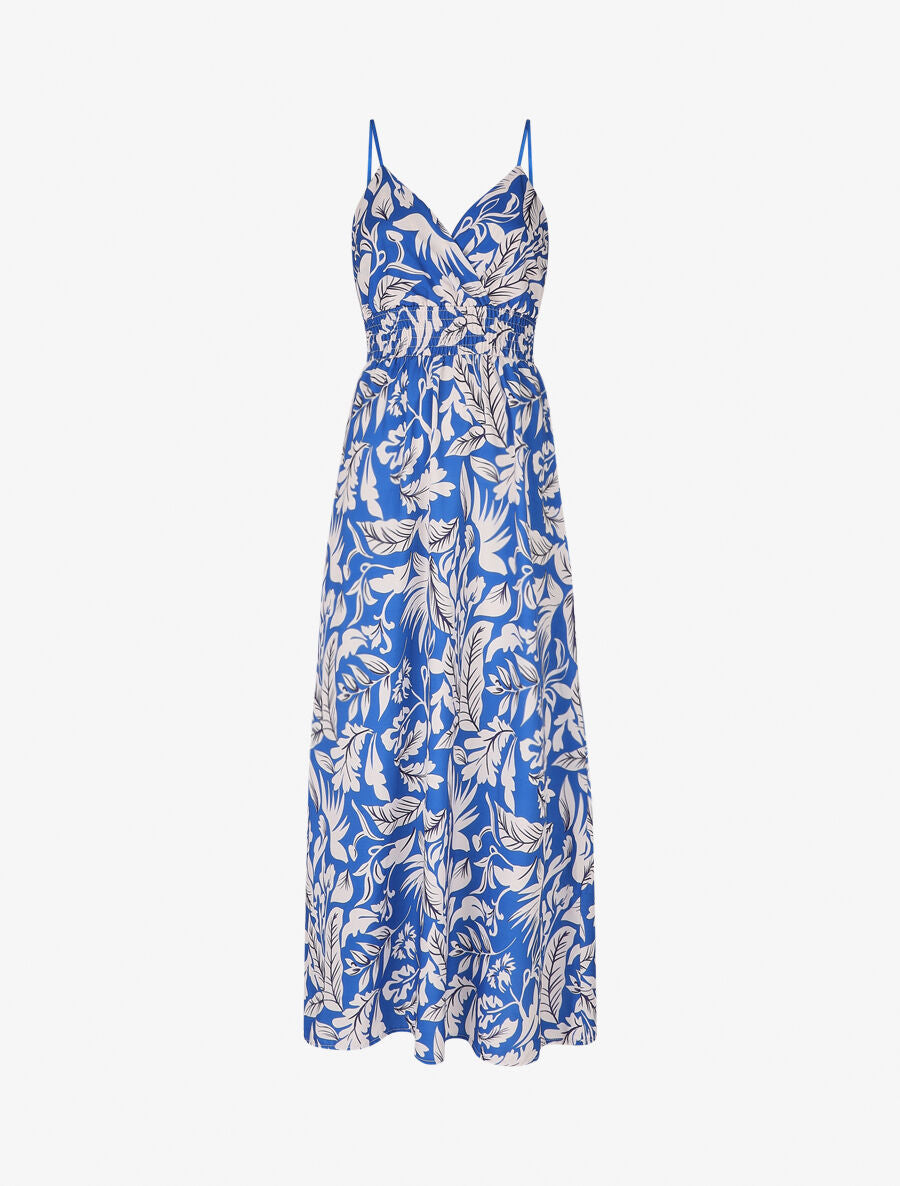Robe longue à bretelles imprimé feuilles - Bleu électrique - 4