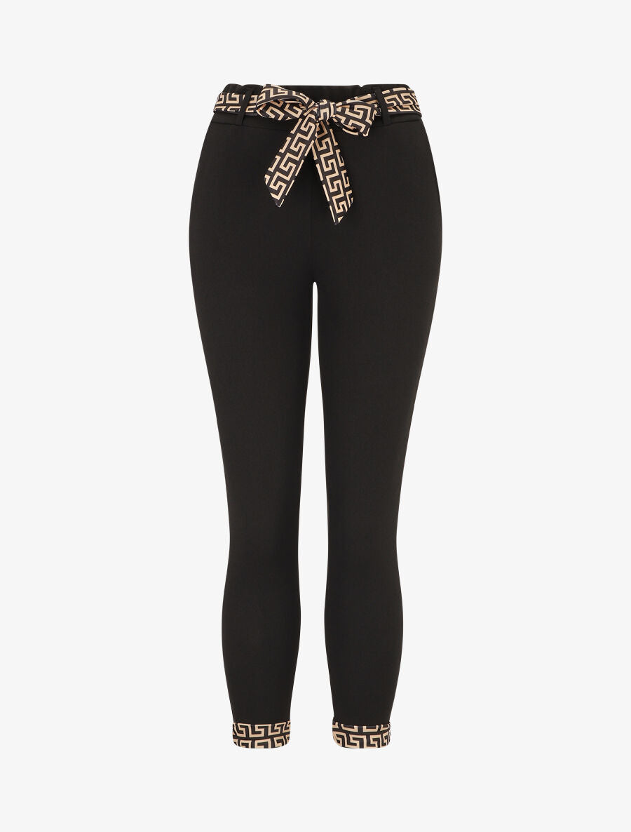Pantalon slim taille haute à revers motif grec - Noir - 1