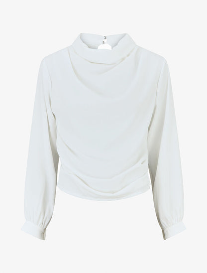 Blouse unie à col bénitier montant - Blanc - 1