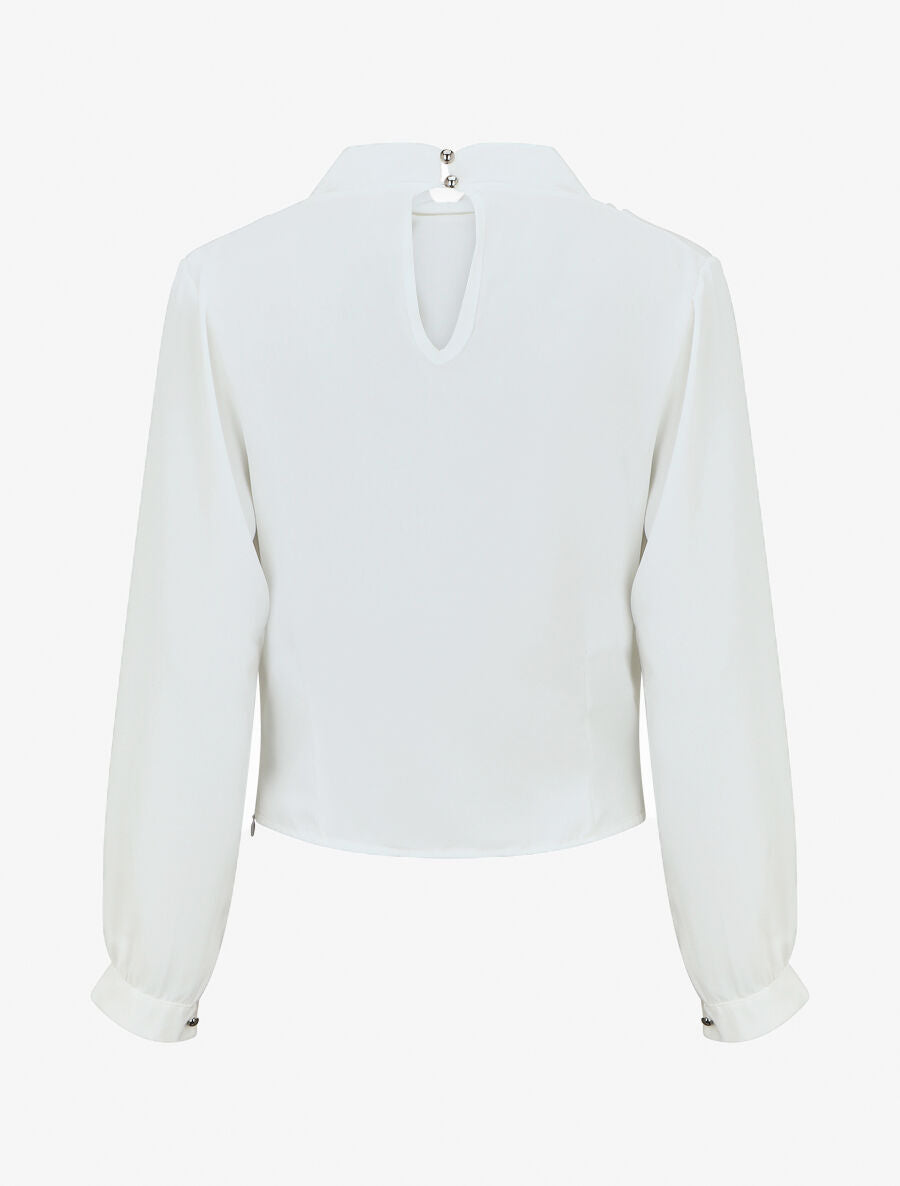 Blouse unie à col bénitier montant - Blanc - 2