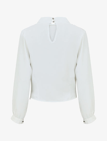 Blouse unie à col bénitier montant - Blanc - 2