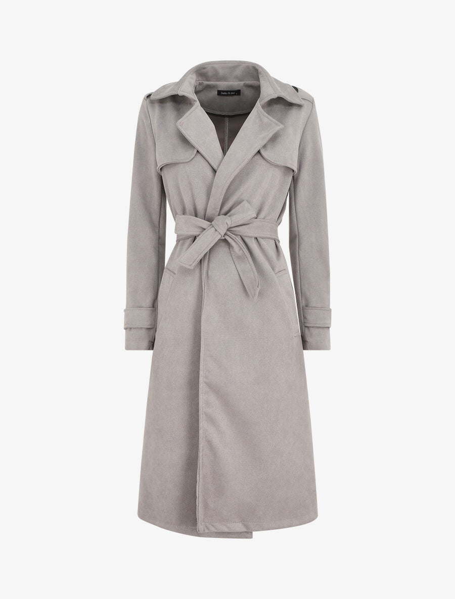 Trench long uni en suédine - Gris - 1