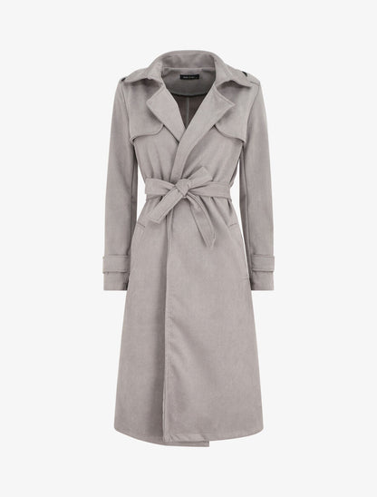 Trench long uni en suédine - Gris - 1