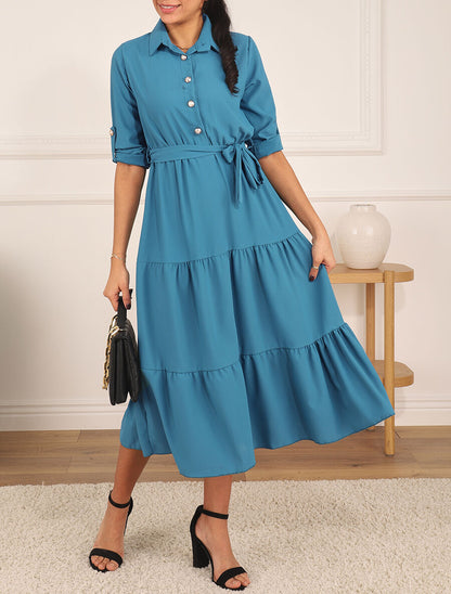 Robe longue à manches longues retroussables - Bleu canard - 4