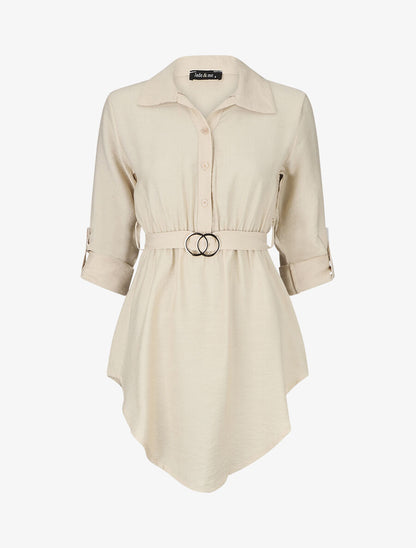 Tunique unie à manches retroussables - Beige - 5