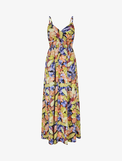 Robe longue imprimé fleuri à taille élastiquée - Noir - 1