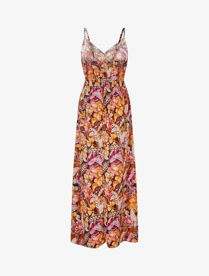 Robe longue imprimé fleuri à taille élastiquée - Orange - 2