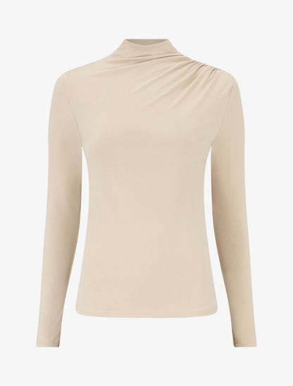 Top uni à col montant drapé - Beige - 5