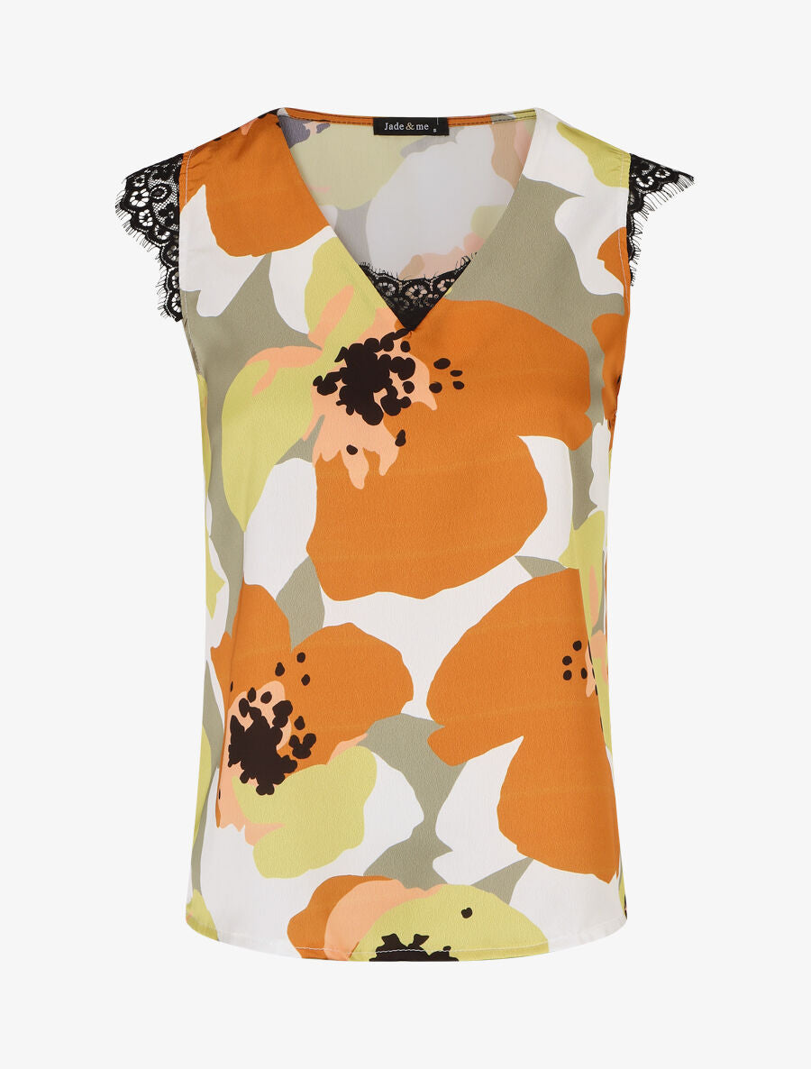 Top en dentelle imprimé grandes fleurs abstraites - Kaki - 5