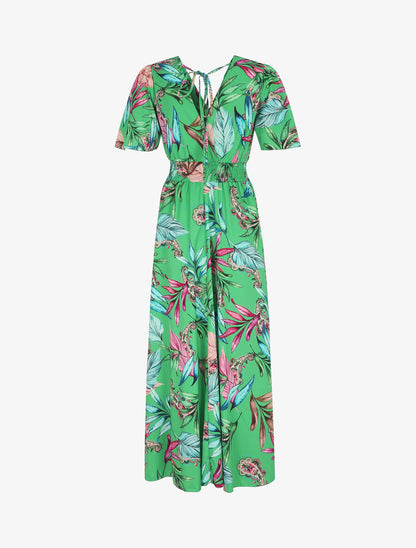 Robe longue imprimé fleuri à manches courtes - Vert - 2