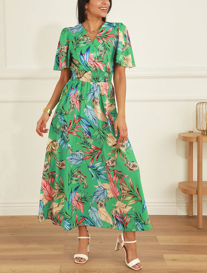 Robe longue imprimé fleuri à manches courtes - Vert - 4