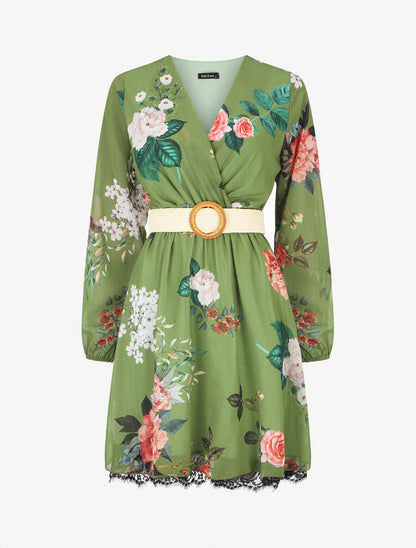 Robe mi-longue imprimé fleurs à taille élastiquée - Vert anis - 5