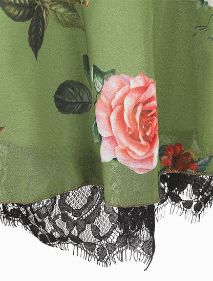 Robe mi-longue imprimé fleurs à taille élastiquée - Vert anis - 3
