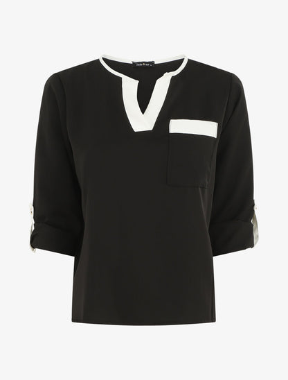 Blouse unie fluide à manches retroussables - Noir - 1