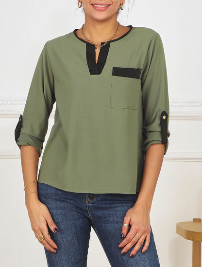 Blouse unie fluide à manches retroussables - Kaki - 4