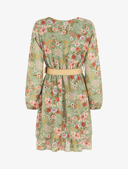 Robe imprimé fleuri à taille élastiquée - Kaki - 2