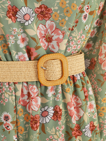 Robe imprimé fleuri à taille élastiquée - Kaki - 3