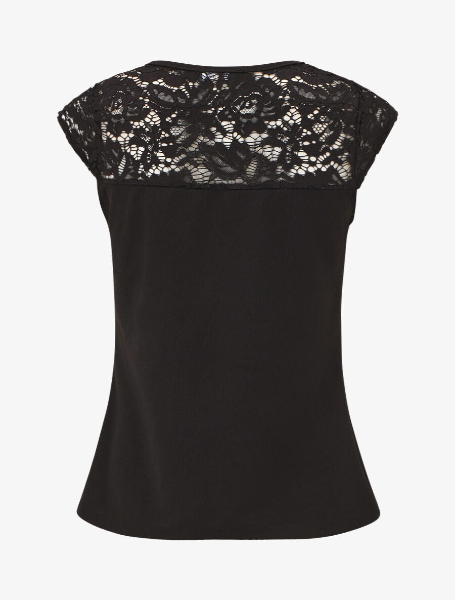 Top uni coupe droite épaules en dentelle - Noir - 2