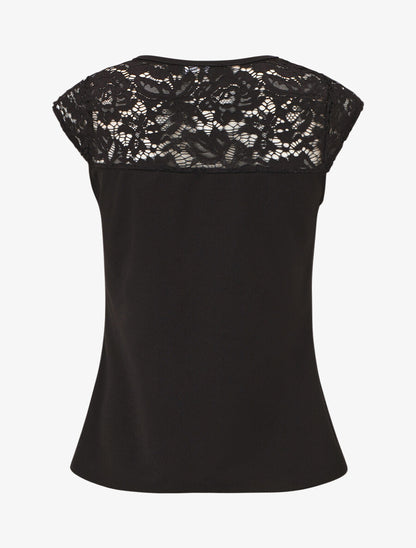 Top uni coupe droite épaules en dentelle - Noir - 2