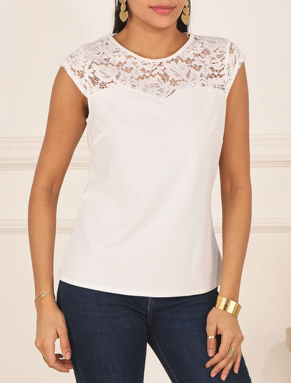 Top uni coupe droite épaules en dentelle - Blanc - 4