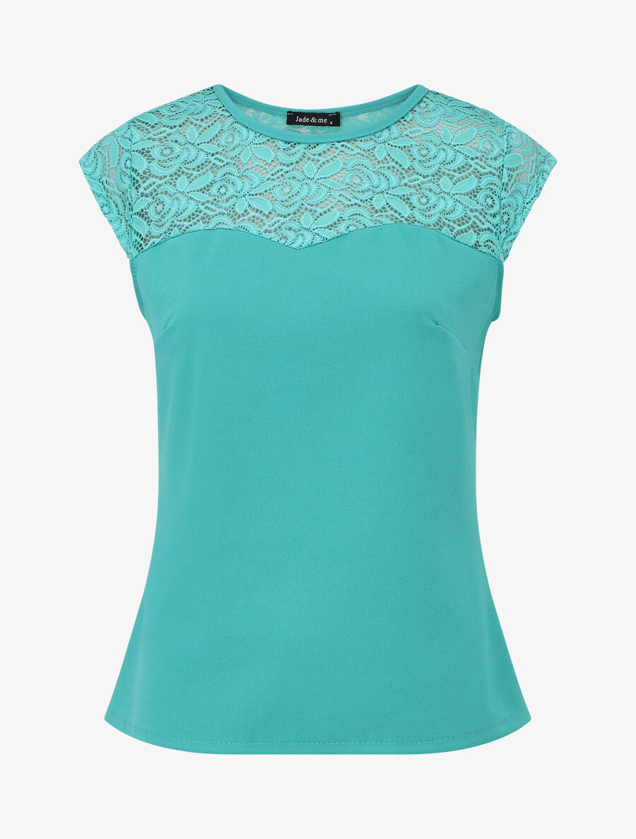 Top uni coupe droite épaules en dentelle - Turquoise - 5