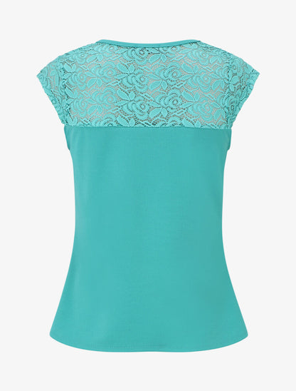Top uni coupe droite épaules en dentelle - Turquoise - 2