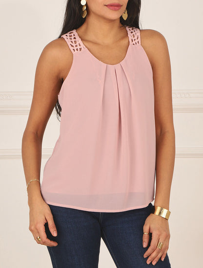 Top uni sans manches dos en crochet - Rose poudré - 4