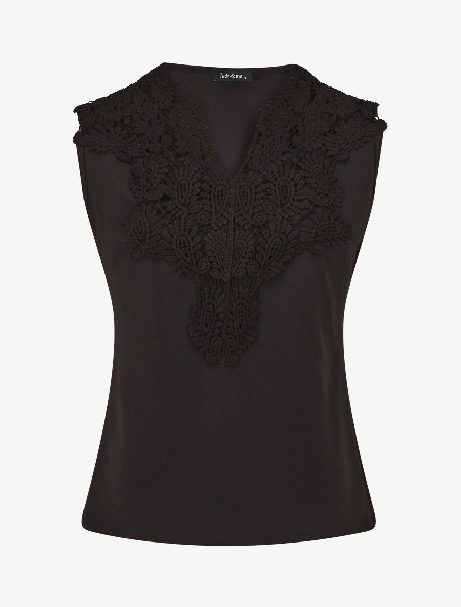 Top uni sans manches col en crochet - Noir - 3