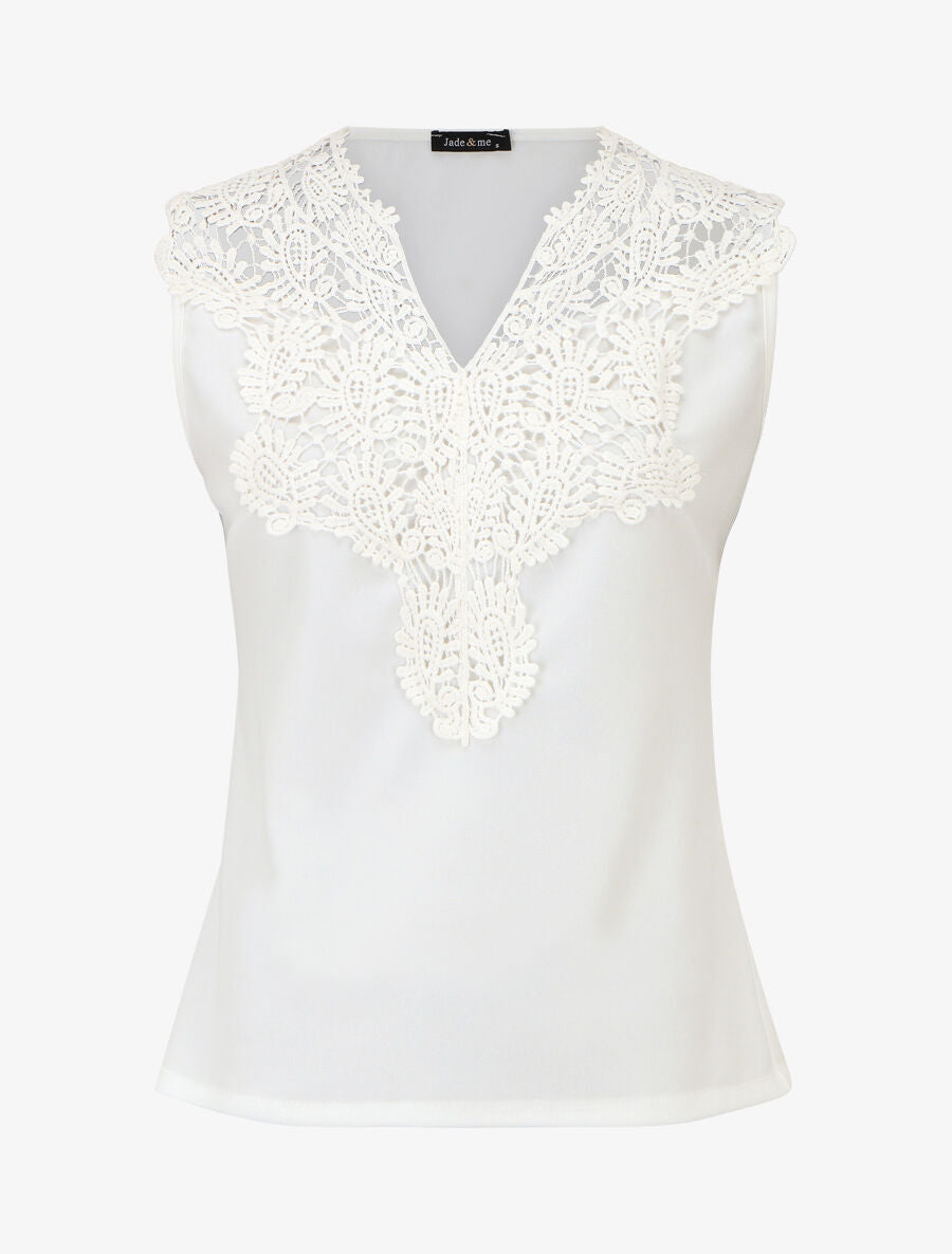 Top uni sans manches col en crochet - Blanc - 5