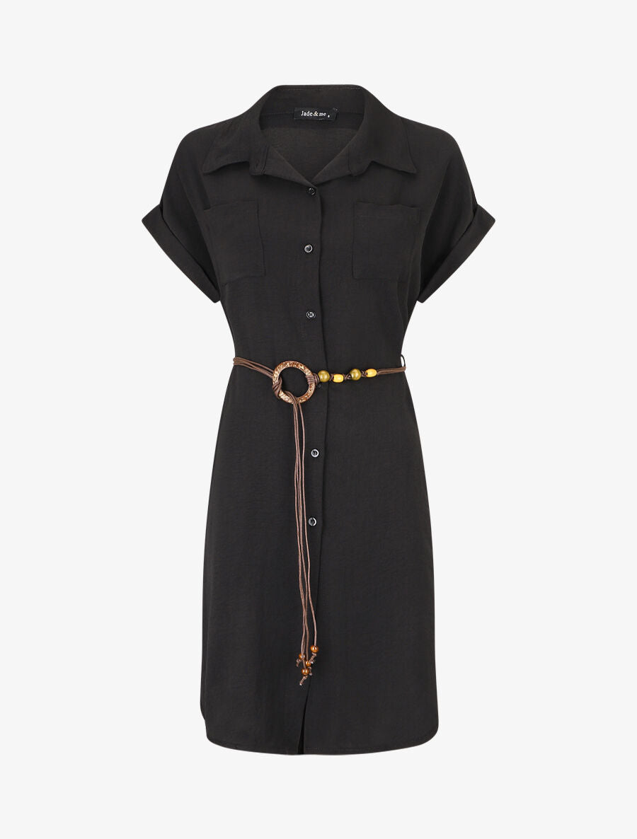 Robe chemise unie à manches courtes - Noir - 1