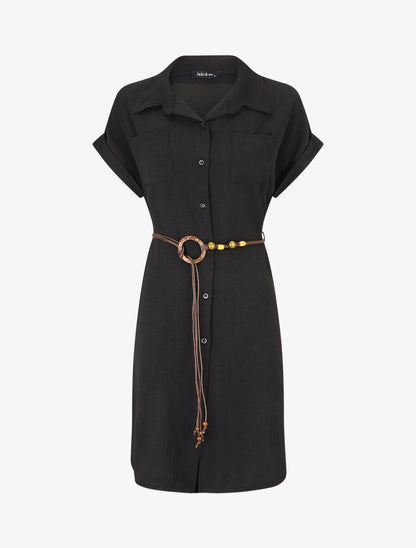 Robe chemise unie à manches courtes - Noir - 1